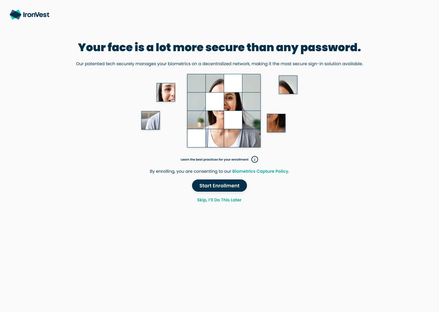 Biometric enrollment intro explaining that the face scan is split up and stored on a decentralized network