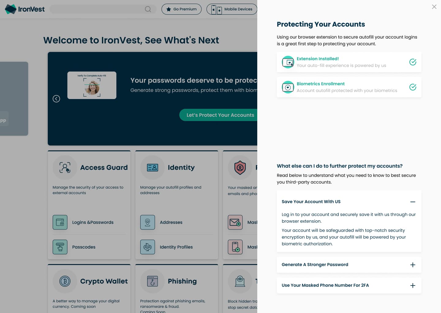 Side panel for protecting accounts, with extension and biometric enrollment checklist