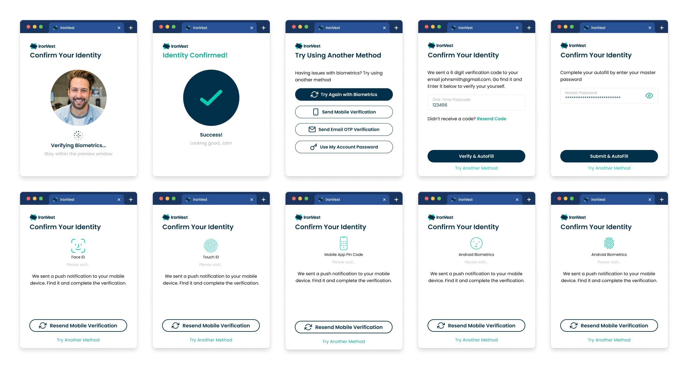 Ten extension panels for confirming identity: biometric verification, success, and fallbacks such as a one-time code, a mobile notification or the account password