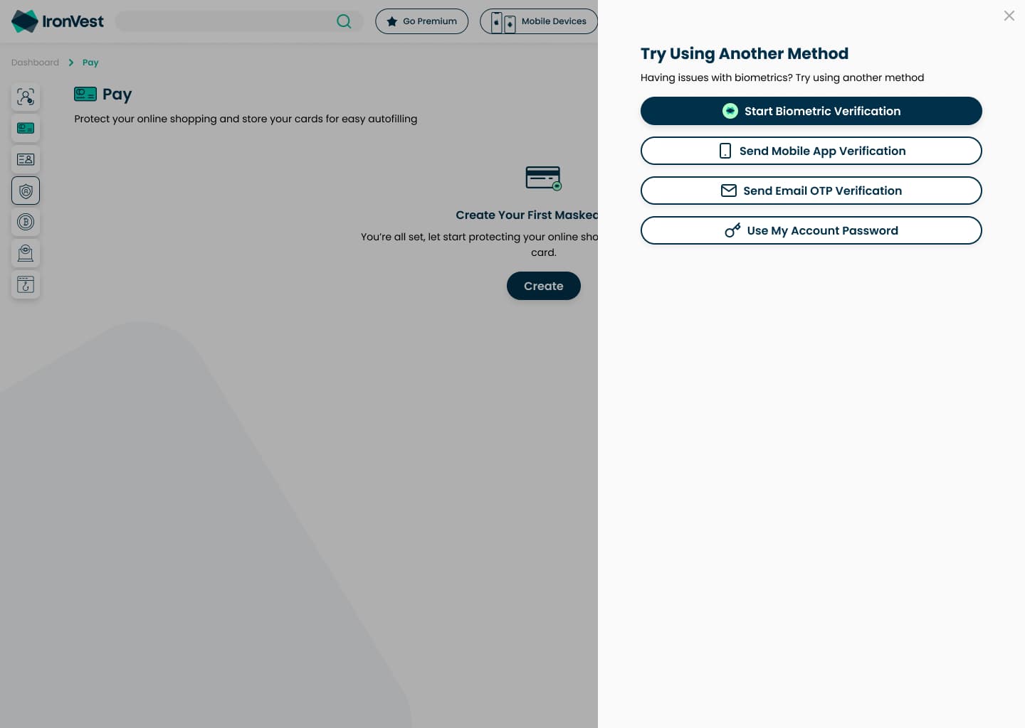 Try Using Another Method panel: biometrics, mobile app, email code or account password