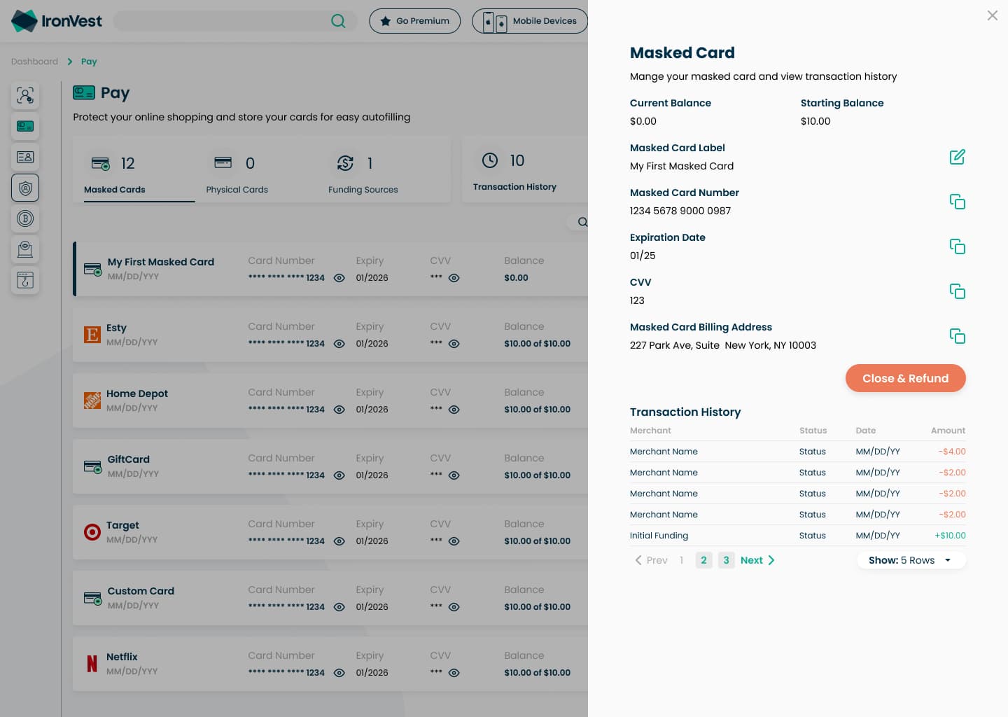 Pay app: Masked Card side panel with card details and transaction history