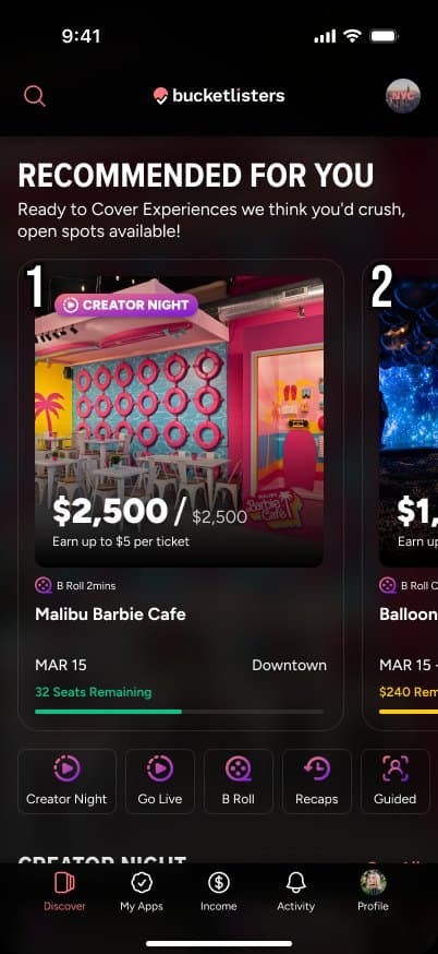 Recommended for you: Creator Night invitations with payout and spots remaining