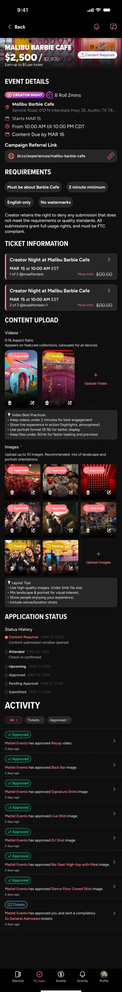 Campaign page with requirements, tickets, content upload, application status and activity