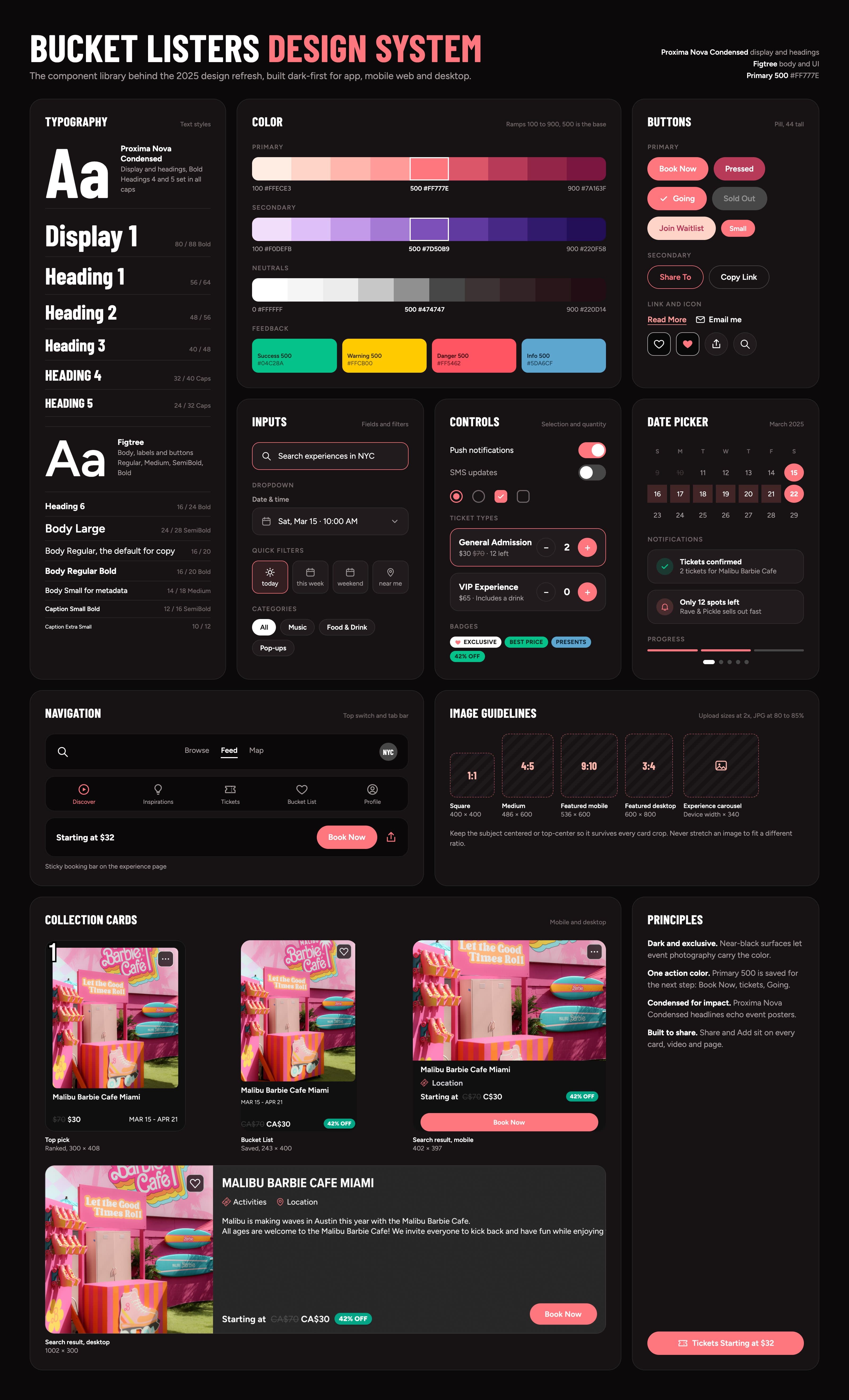 Bucket Listers design system: typography, color ramps, buttons, inputs, controls, date picker, navigation, image guidelines and collection cards on a dark canvas